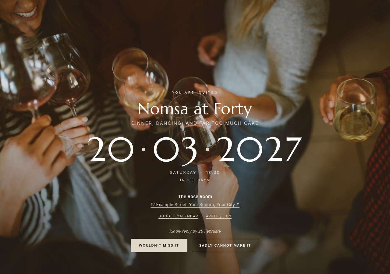 A birthday invitation site with the date, venue and RSVP buttons over a full-screen photo