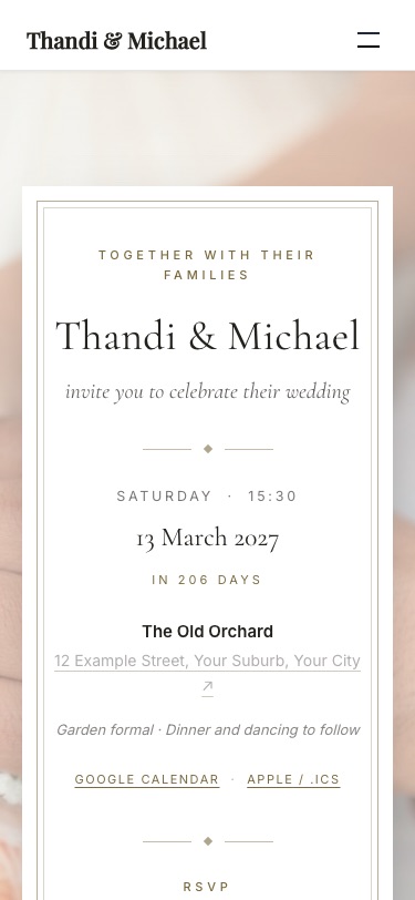 A wedding invitation on a phone with reply buttons