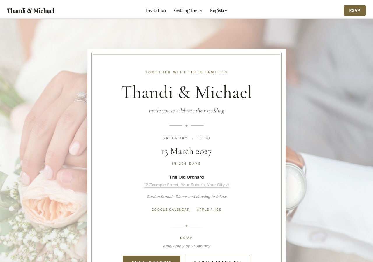 A wedding invitation site showing the date, venue and directions