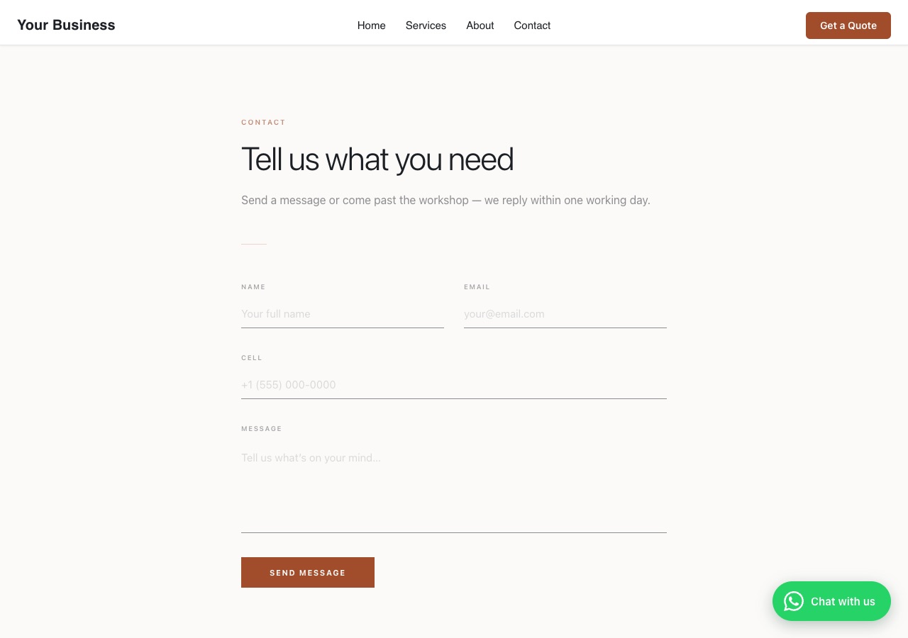 A contact page with an enquiry form and a floating WhatsApp chat button in the corner