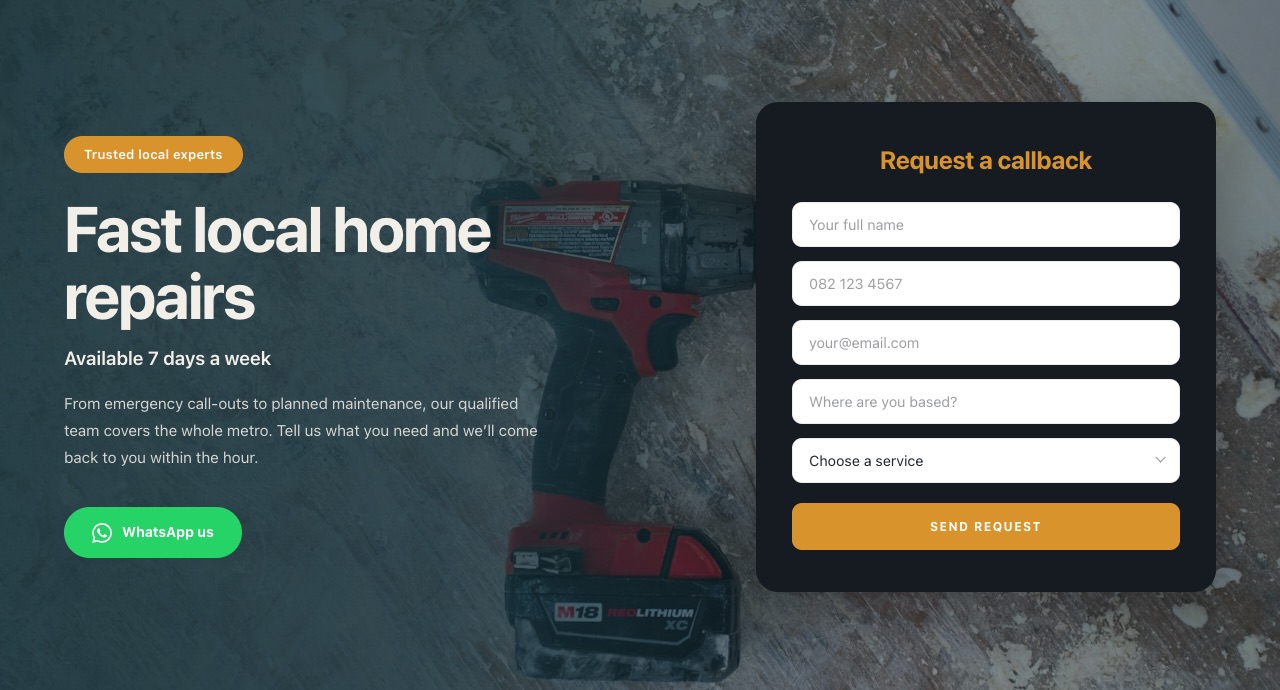 A lead-capture hero with a WhatsApp chat button beside a request-a-callback form card