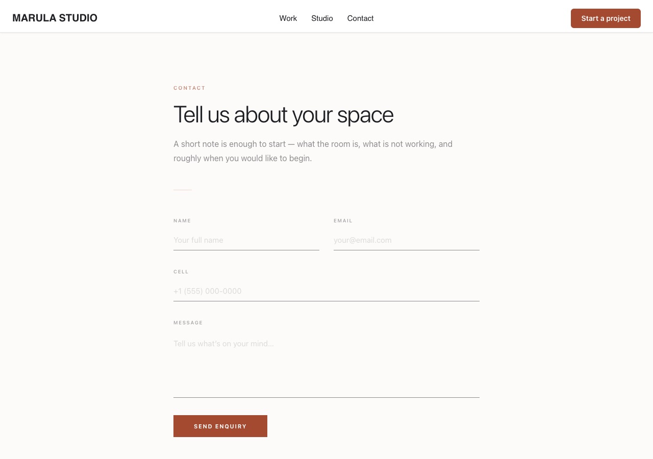 The contact page of a portfolio site with a simple enquiry form