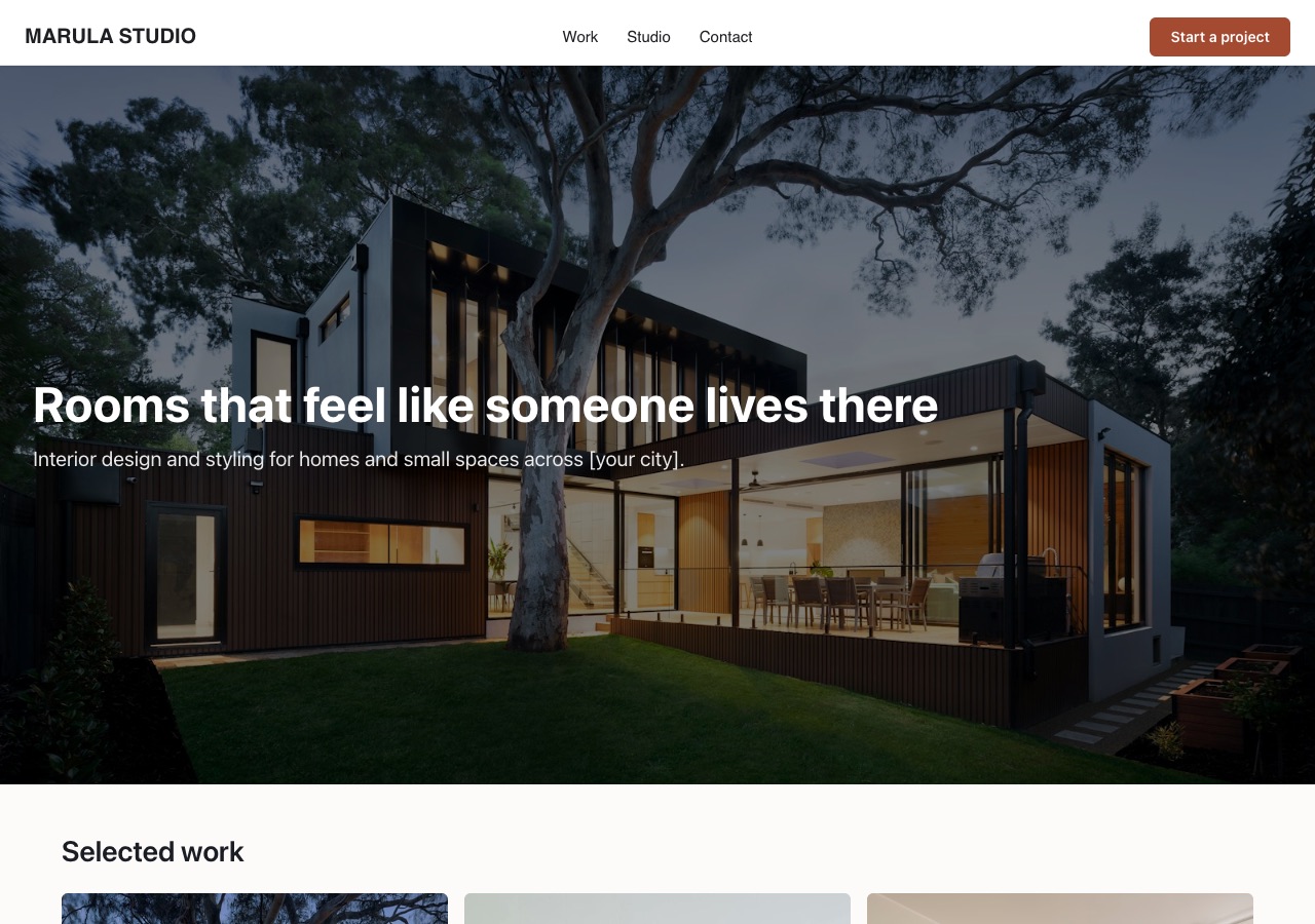 A creative portfolio site opening on a full-width photograph