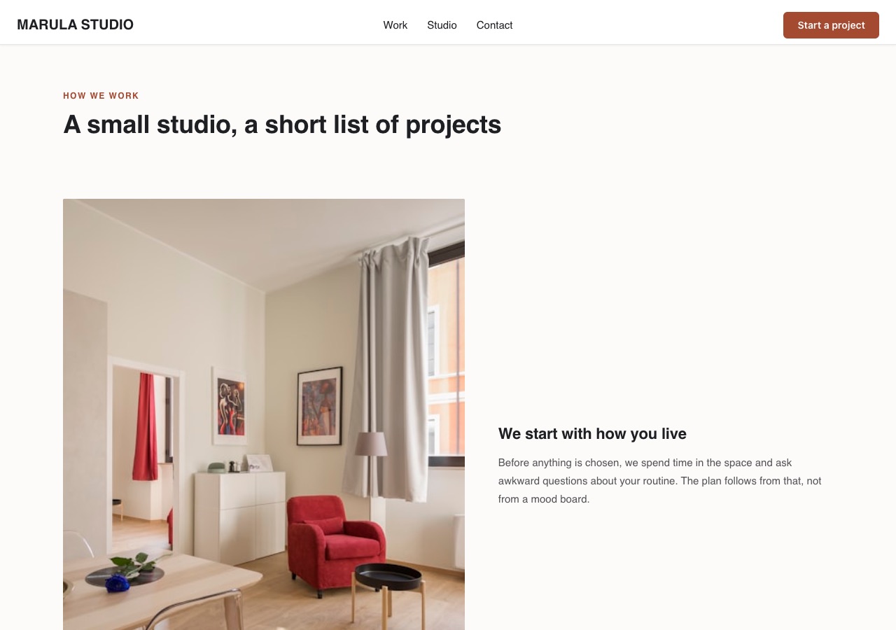 The studio page of a portfolio site with a gallery of work
