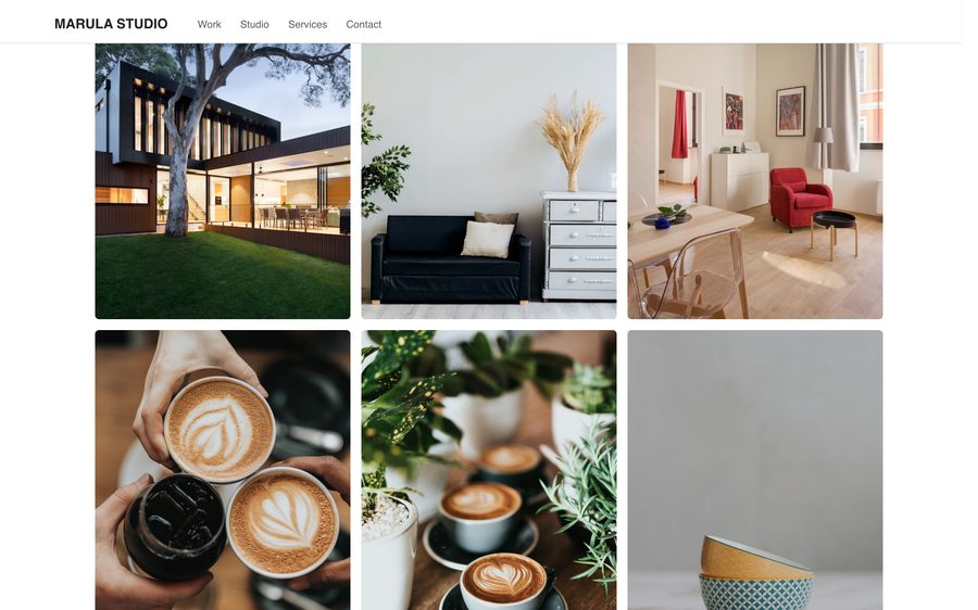 A portfolio site built with Pylon, showing a grid of six interior design projects