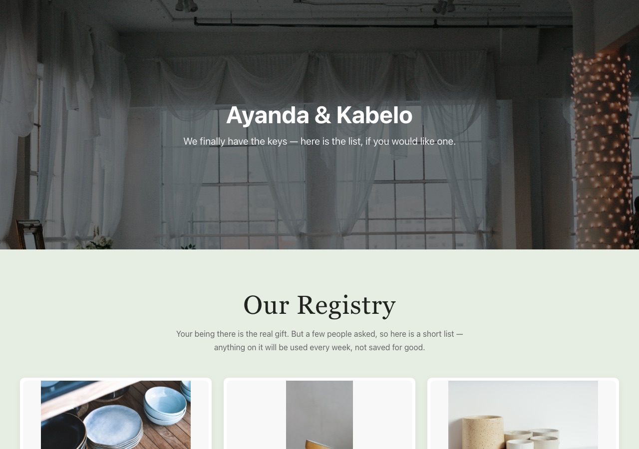 A gift registry site with a headline and a list of chosen gifts