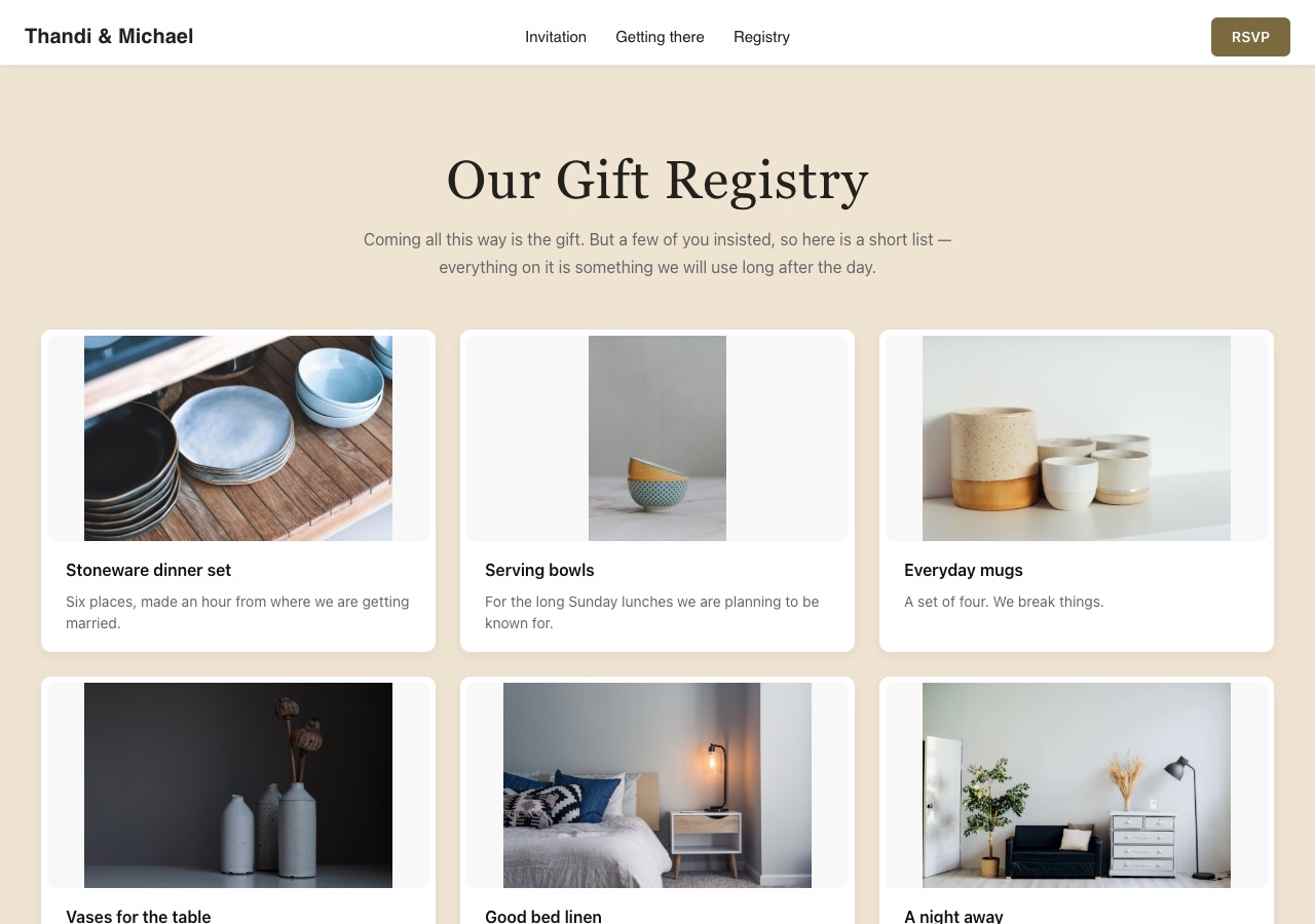 A wedding registry page with gifts and notes from the couple