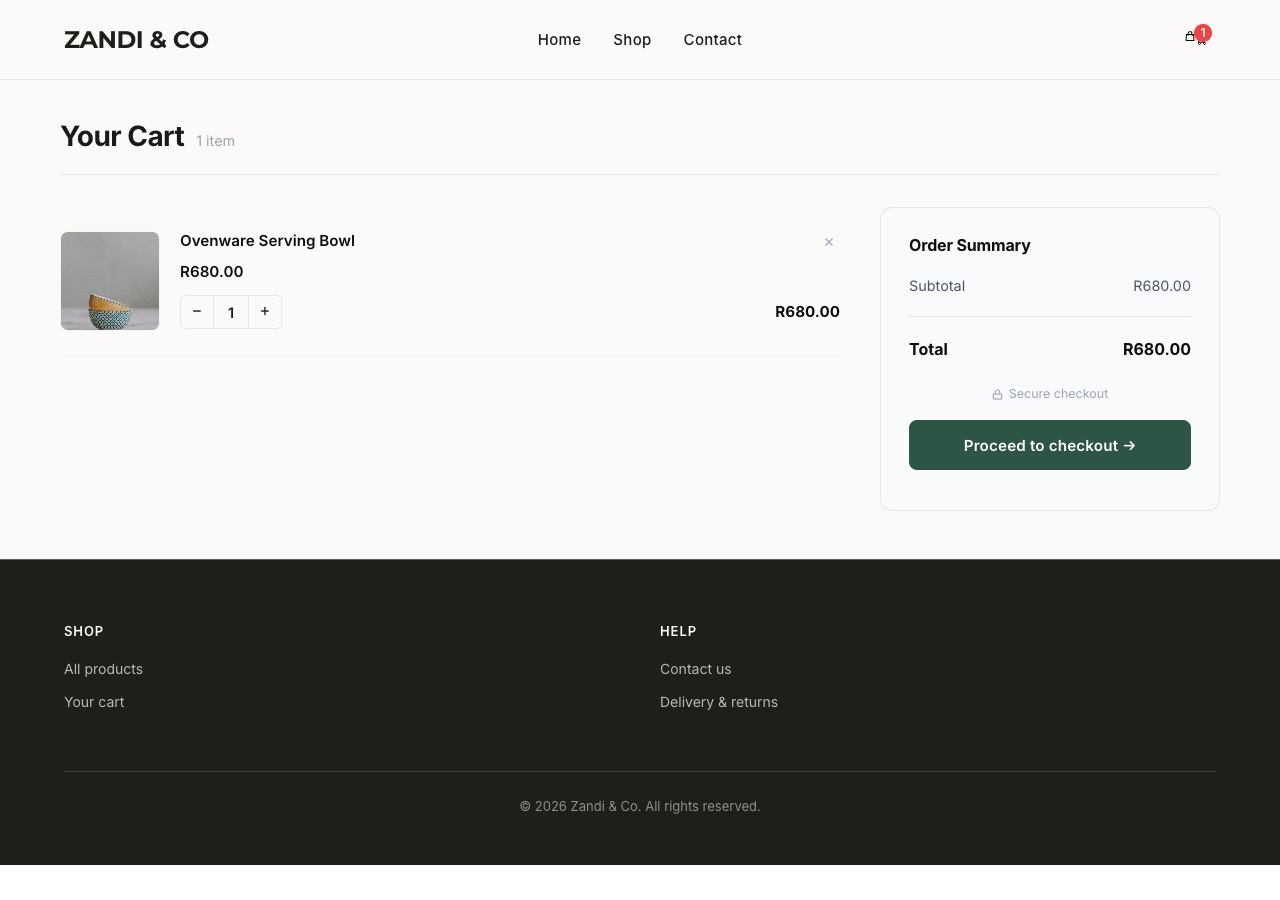 The cart page of an online store with items and totals in rand