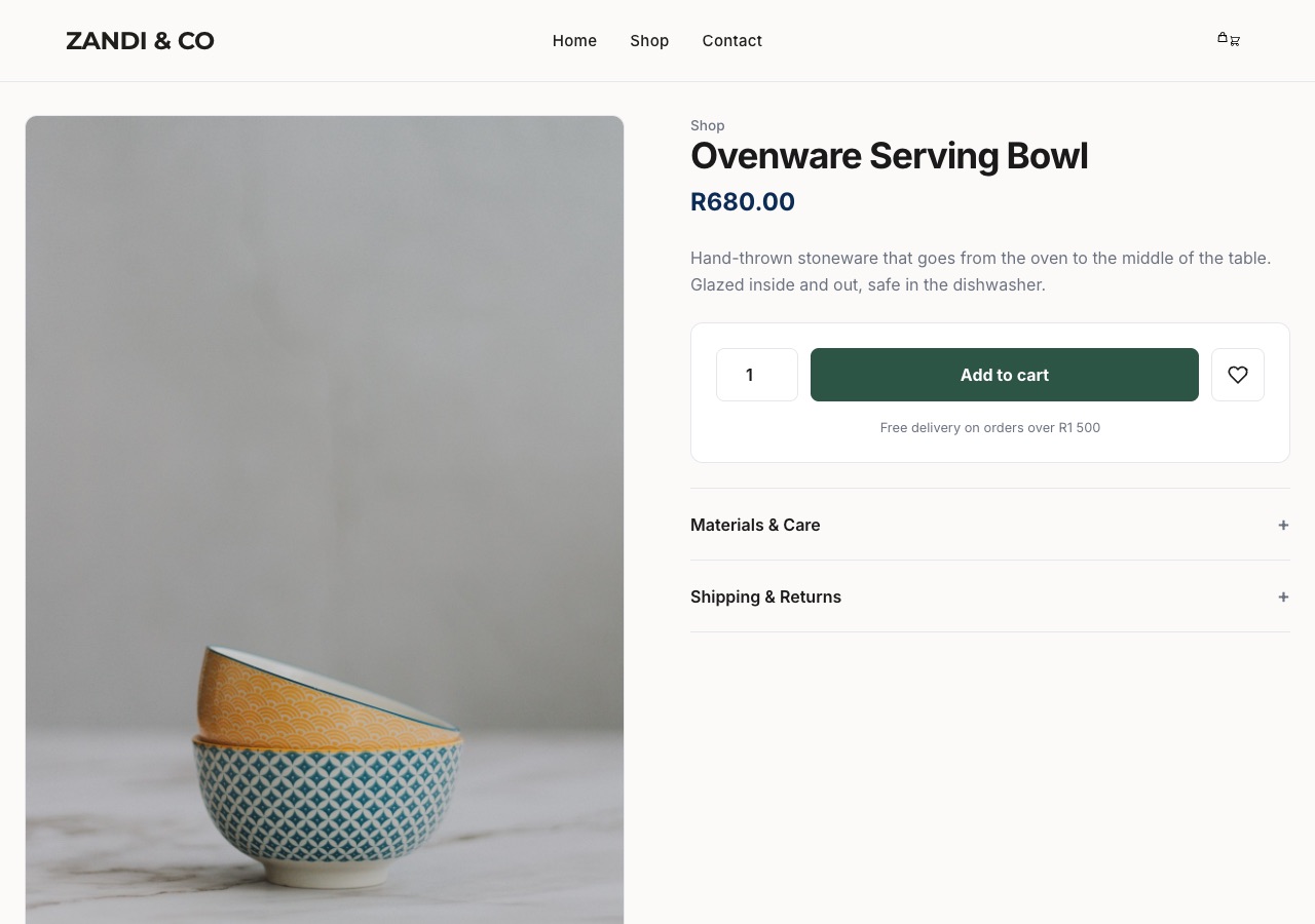 A product page with photos, price and an add-to-cart button