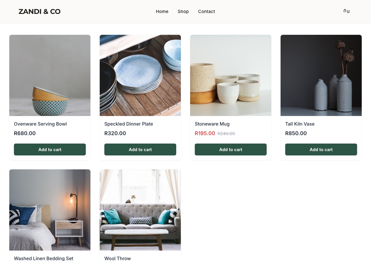 A shop page showing a grid of products with prices in rand